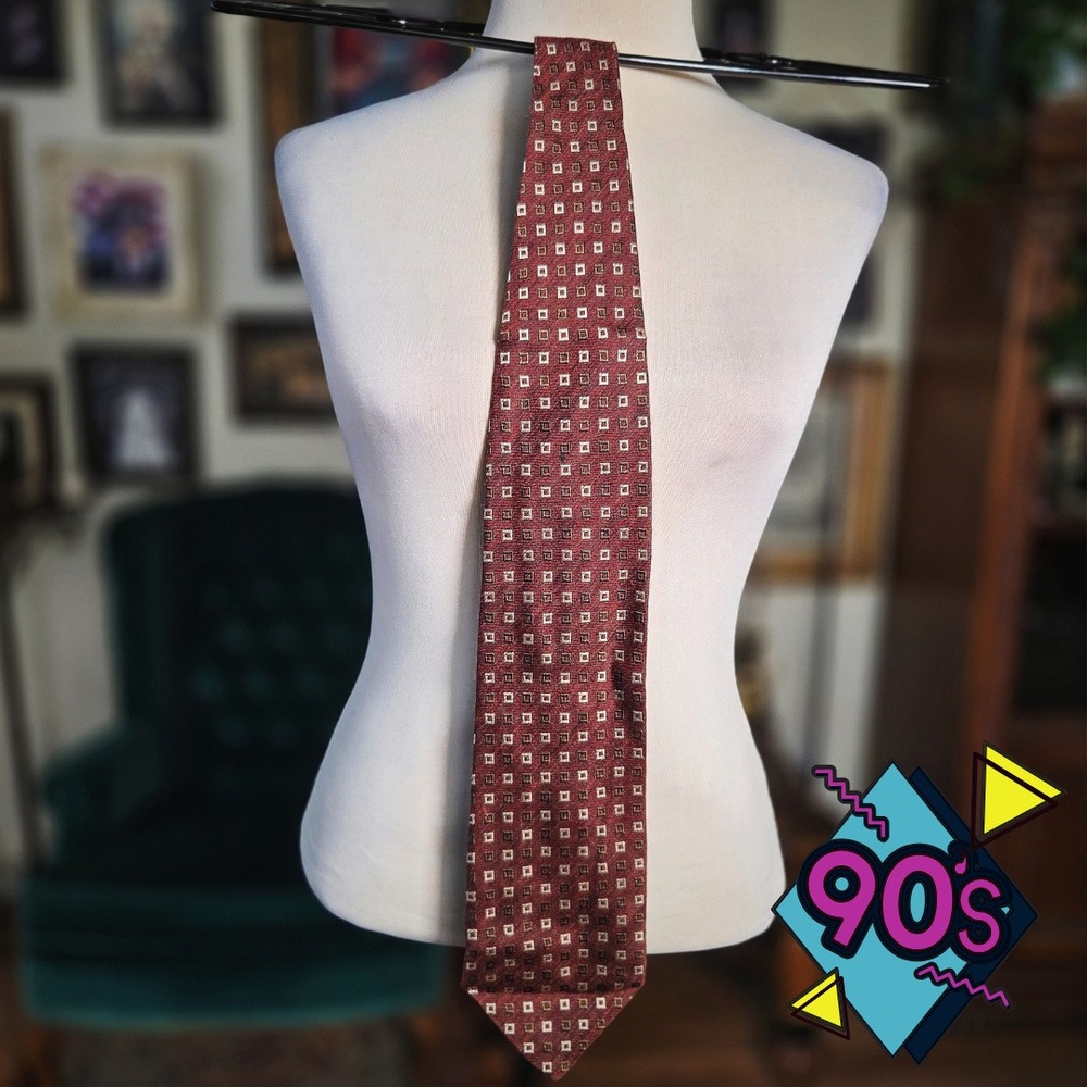 Structure Necktie Mens Vintage 90s Red Geometric Silk Wool Blend Tie Made in USA